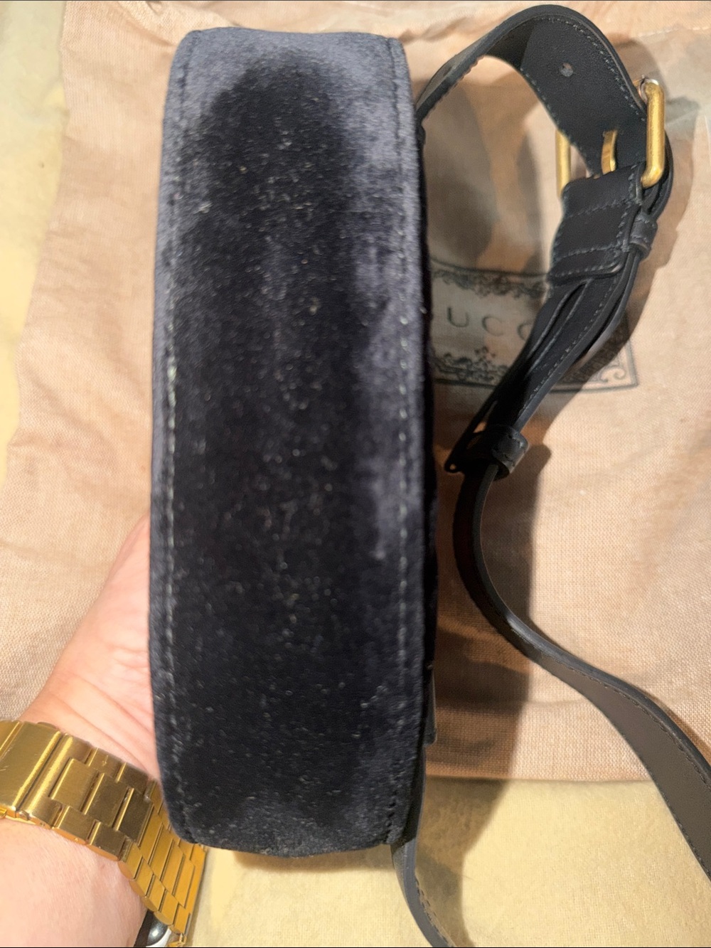 Gucci Black Velvet GG Marmont Oval Belt Bag with Gold Hardware - Picture 4 of 5